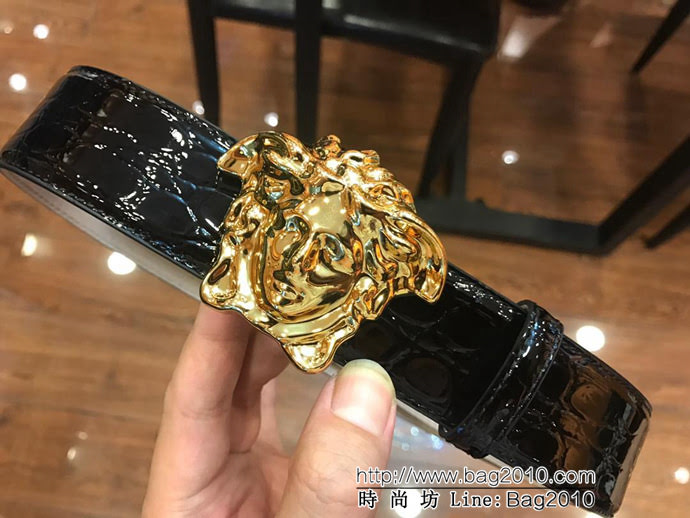 VERSACE範思哲 2018秋冬新款 頂級頭層牛皮 純銅扣 亮面鱷魚肚牛皮 男士皮帶  xfp1058